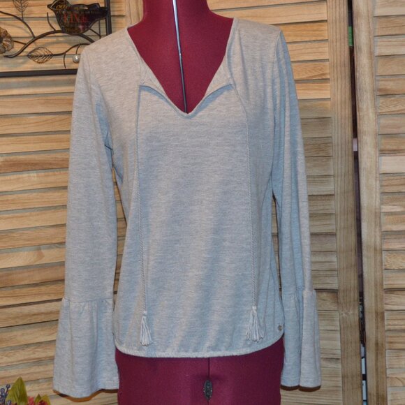 Tramontana S Gray L/S Pullover Top V-neck Corded Tie Flounced Sleeves - Picture 1 of 9